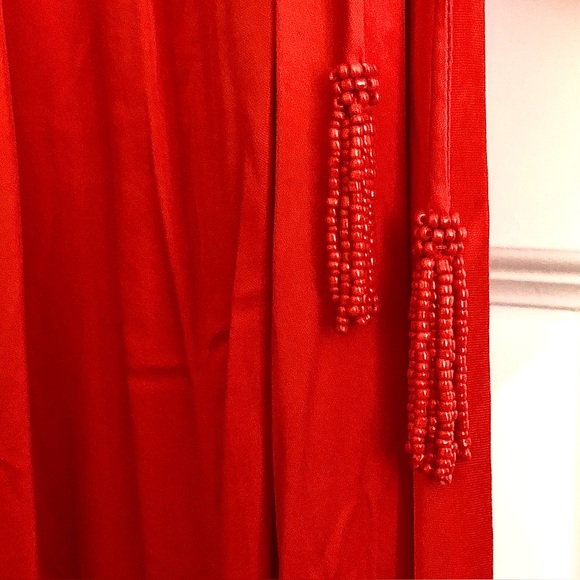 New FARM RIO Red Satin Boho Maxi Dress Beaded Tassels Cutout Waist S MSRP $265 - Picture 7 of 14